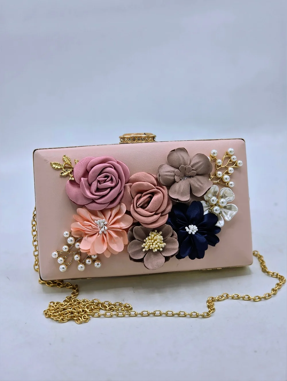 Amaze Floral 3D Embellished Box Clutch - Blush Pink & Gold